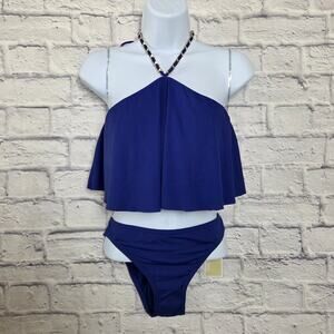 NWT MICHAEL Michael Kors 2 Piece Swimsuit Medium Royal Blue Halter Ruffle Top